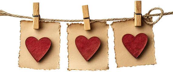 Heart love garland blank empty paper sheet attached with wooden wood pegs on string illustration PNG element cut out transparent isolated on white background ,PNG file ,artwork graphic design.