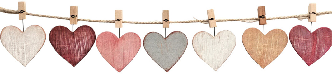 Heart love garland blank empty paper sheet attached with wooden wood pegs on string illustration PNG element cut out transparent isolated on white background ,PNG file ,artwork graphic design.