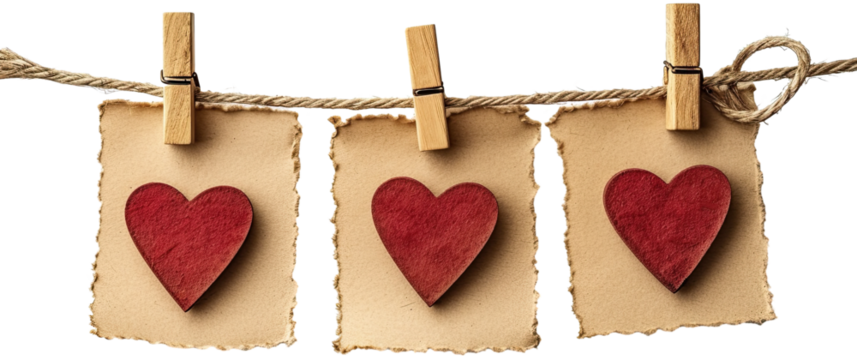 Heart love garland blank empty paper sheet attached with wooden wood pegs on string illustration PNG element cut out transparent isolated on white background ,PNG file ,artwork graphic design. - Powered by Adobe