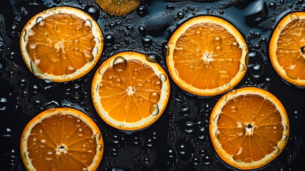 Fresh orange slices with water droplets on a dark background. Vibrant citrus fruit, close-up,...