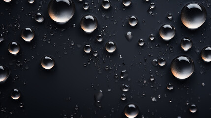 Water drops on a black background. Banner with raindrops. Top view.