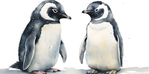 Watercolor illustration of two penguins on white background.