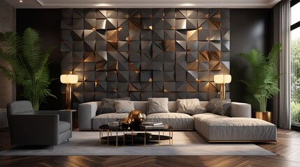 A modern living room with a modular seating arrangement, metallic accents, and a statement wall featuring textured wallpaper