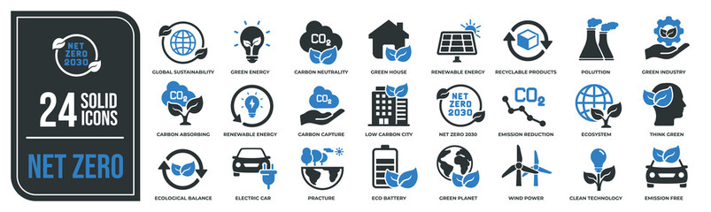 Net zero solid icons collection. Containing customer ecology, sustainable, environmental etc icons. For website marketing design, logo, app, template, ui, etc. Vector illustration. - obrazy, fototapety, plakaty