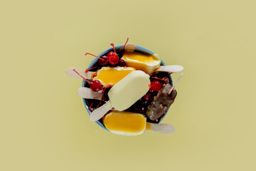 lemon and chocolate ice lollys with raspberries and cherrys