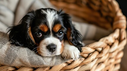 Photo of a small black and red Cavalier King Charles Spaniel puppy sitting in a wicker basket