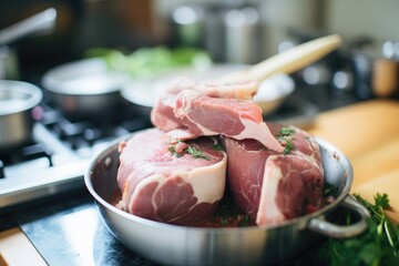 preparing osso buco with a tied veal shank in focus - obrazy, fototapety, plakaty