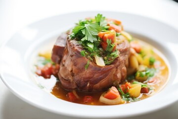 close-up of garnished osso buco in a white dish
