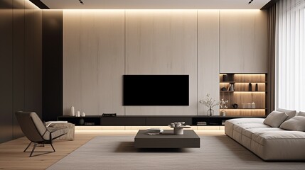 A modern minimalist living room with a monochromatic color scheme, a floating entertainment unit, and recessed lighting