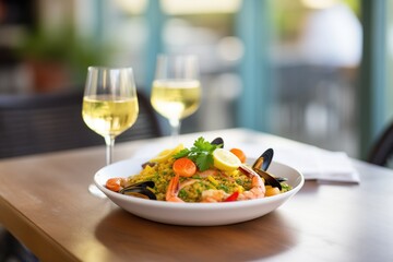 paella served with a glass of white wine on the side