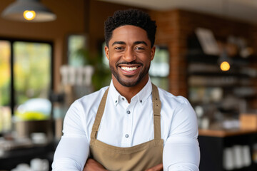 A cheerful young man with a welcoming smile stands proudly in his well-lit cafe, wearing a professional apron. - obrazy, fototapety, plakaty