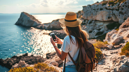 tourist using smartphone to take photos, world travel concept - obrazy, fototapety, plakaty