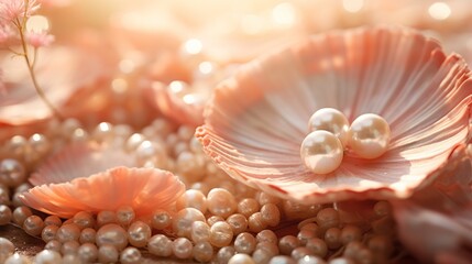 close up of a bunch of shell with three big pearls inside, peach background, banner, copy space