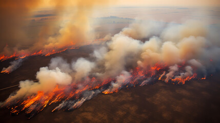 Fototapeta premium Dry grass burns on meadow in countryside at sunset. Wild fire burning dry grass in field. Orange flames and billowing smoke. Open fire.