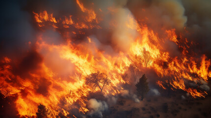 Fototapeta premium Dry grass burns on meadow in countryside at sunset. Wild fire burning dry grass in field. Orange flames and billowing smoke. Open fire.