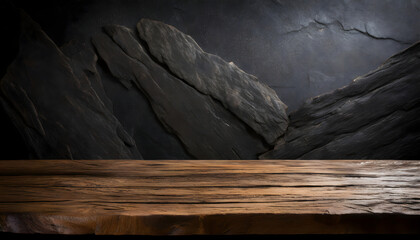 Old wooden table and dark stone background. Elegant and luxury texture for product presentation.