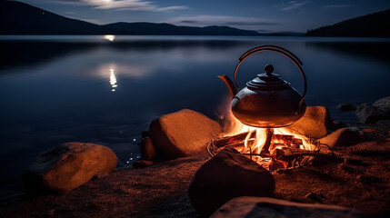 Vintage coffee pot on camping fire. Wonderful evening atmospheric background of campfire. Romantic warm place with fire. The concept of adventure, travel, tourism and camping.