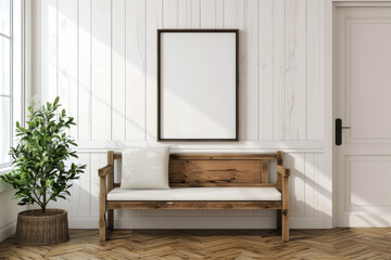 Modern Entryway with Wooden Bench and Blank Frame: Perfect for Home Decor and Interior Design Concepts
