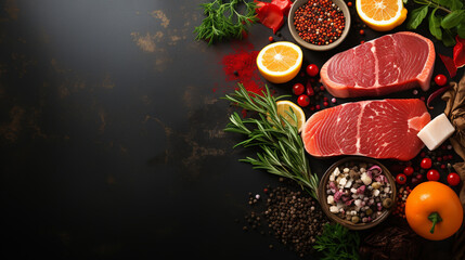 Obraz na płótnie Canvas Various protein sources concept - fish, pork. Top view. On a black stone background.