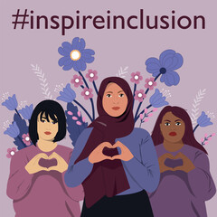 Women with different skin color and ethnic groups showing sign of heart with their hands. Concept of woman, femininity, diversity, independence and equality. Vector illustration.