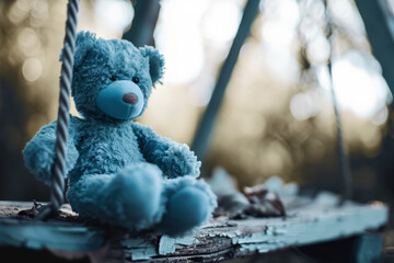Blue Monday concept. Old blue toy teddy bear sitting on old wooden swing outdoors. Feelings of depression, sadness, loneliness, fatigue, difficulties - obrazy, fototapety, plakaty