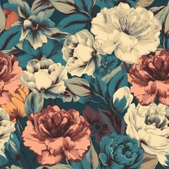Vintage flowers seamless pattern. Mate colors retro floral pattern with flower and foliage. Botanical illustration on dark green background.