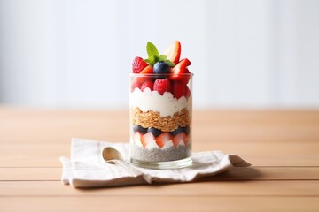 layered parfait with chia seeds on burlap