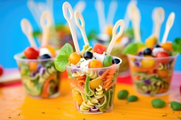 pasta salad in individual cups for a party, colorful background