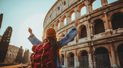 Fototapeta na wymiar Tourists raising their hands happy to see the Colosseum in Italy, Italy tourism concept.