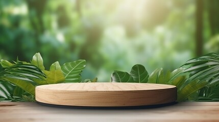 Eco-Friendly Wooden Product Display Podium with Blurred Nature Leaves Background: Green Concept for Sustainable Marketing and Retail, Vintage Design Mockup