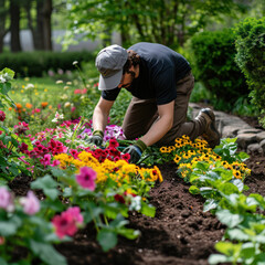 Naklejka na ściany i meble Hispanic labor landscaper planting new flowers at a commercial or homeowner work site.