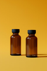 Minimalist Amber Bottles on Yellow Background: Ideal for Pharmaceutical and Beauty Product Mockups