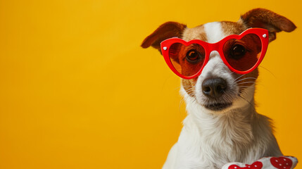 Dog with Heart-Shaped Sunglasses on Yellow Background - Engaging for Pet Care Services or Valentine's Day Campaigns