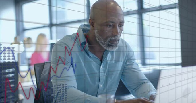 Animation of financial data processing over african american businessman in office