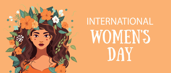 Vector horizontal banner poster with place for text for International Women's Day. Beautiful woman with flowers in her hair. Vector concept