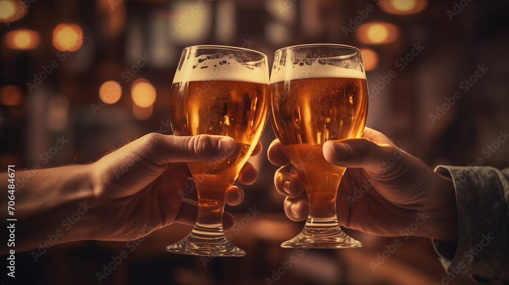 Wall mural Close-up Two men's hands holding beer glasses clink together in celebration