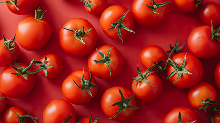 Top view of delicious ripe red cherry tomatoes on red background