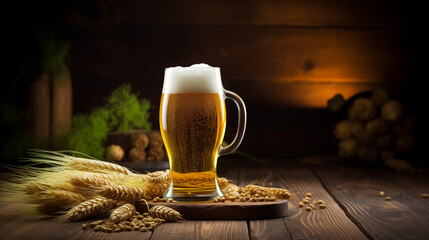 beer glass on wood table with hop and malt background