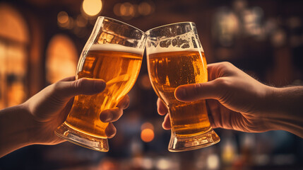 Close-up Two men's hands holding beer glasses clink together in celebration