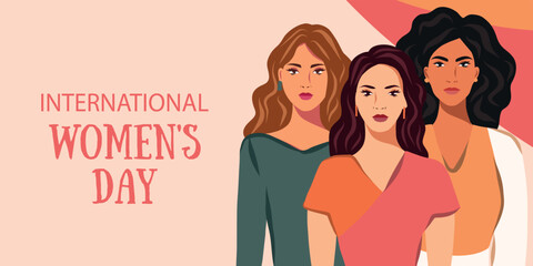 Vector banner for International Women's Day, spring women of different cultures and nationalities. Vector concept of movement for gender equality and women's empowerment