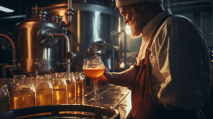 close-up brewmaster beer brewing beer in brewhouse