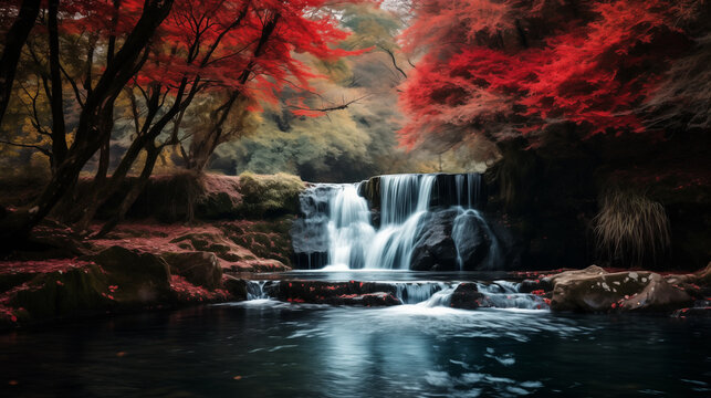 beautiful waterfall in deep forest autumn © T-REX