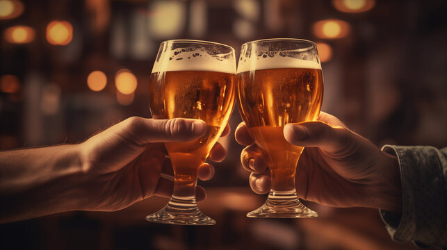 Close-up Two men's hands holding beer glasses clink together in celebration
