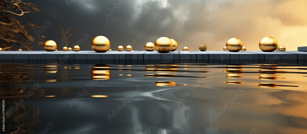 Poster abstract modern background with reflection in water, featuring cobblestones on golden balls. exhibit
