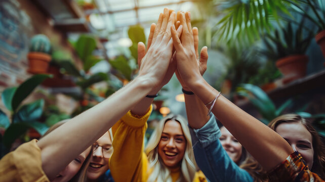 office people high five in the room