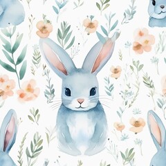 Cute rabbit, bunny seamless pattern, Watercolor