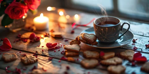  Homemade cookies elegantly arranged on the table, accompanied by a steaming cup of coffee, capturing the essence of Valentine's Day © Nattadesh