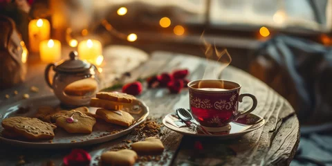 Tuinposter Homemade cookies elegantly arranged on the table, accompanied by a steaming cup of coffee, capturing the essence of Valentine's Day © Nattadesh