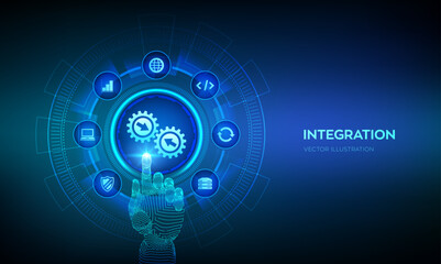 Integration data system. System Integration concept on virtual screen. Industrial smart technology. Business automation solutions. Robotic hand touching digital interface. Vector illustration.