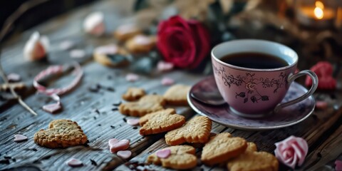 Obraz na płótnie Canvas Homemade cookies elegantly arranged on the table, accompanied by a steaming cup of coffee, capturing the essence of Valentine's Day